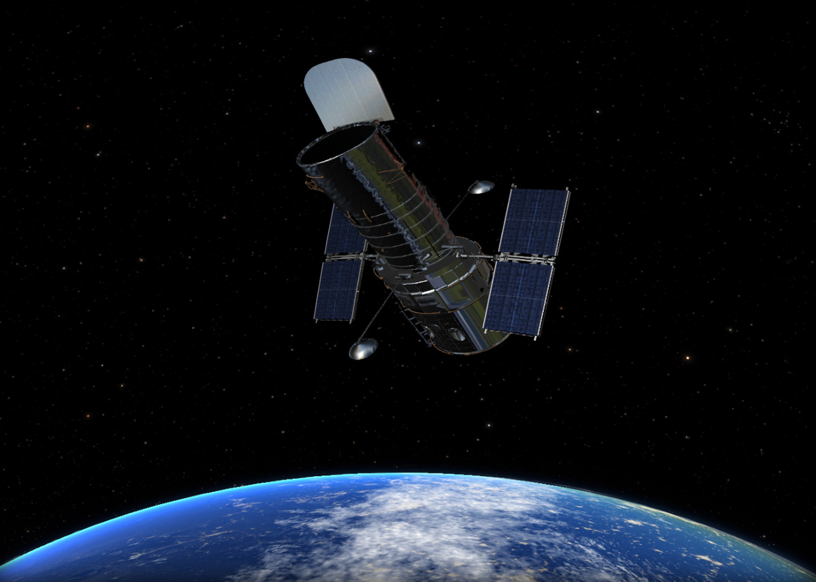 The Hubble Space Telescope floats above the Earth in the Dark Matter immersive planetarium software